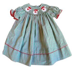 Anavini Girls Green Plaid Smocked‎ Santa Christmas Dress - Bishop